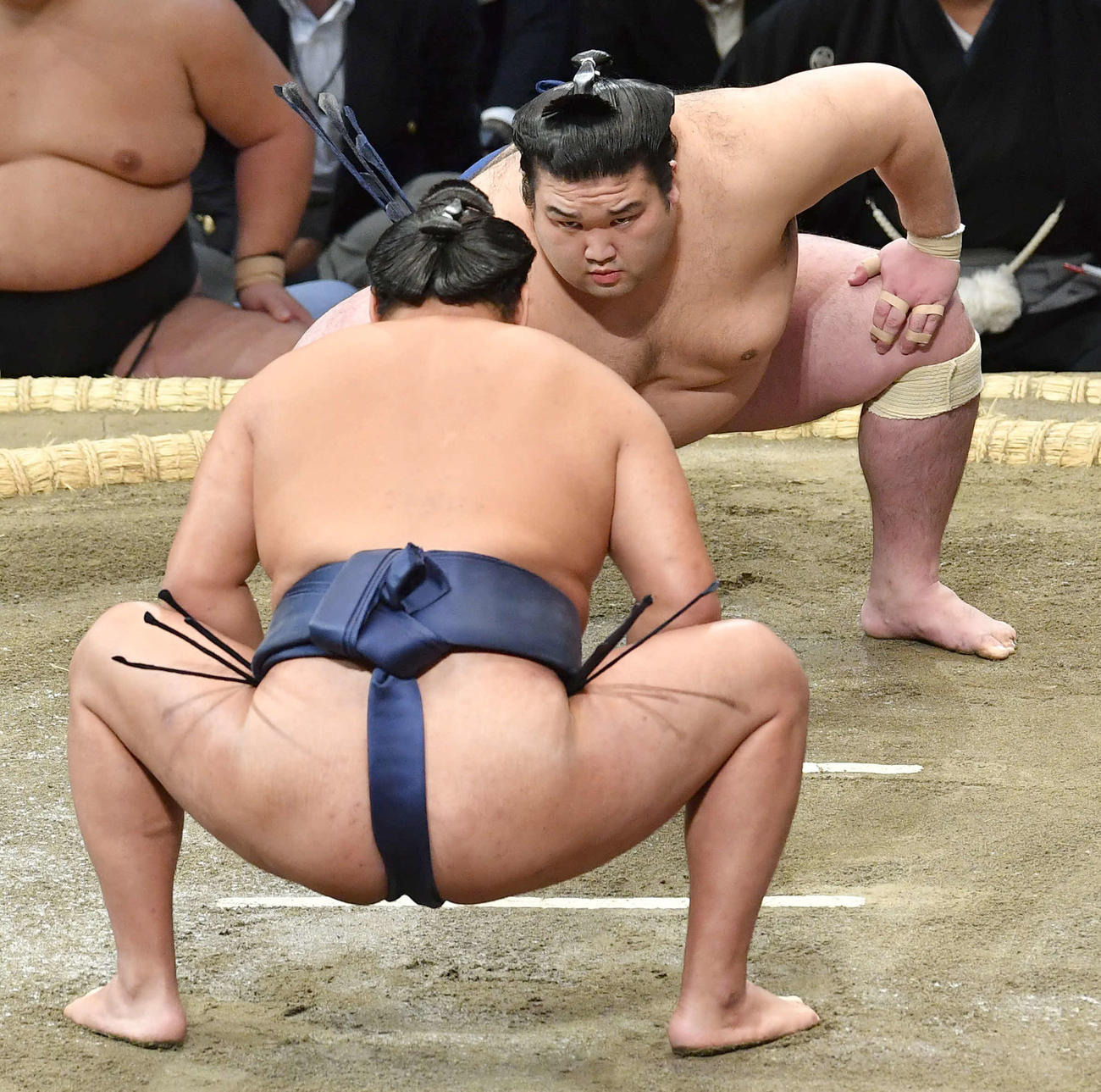 立ち合いで豊昇龍（手前）とにらみ合う豪ノ山（撮影・岩下翔太）