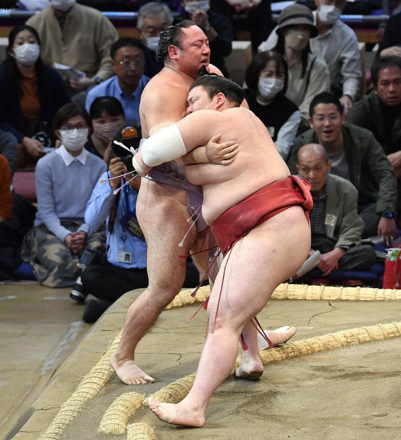 熱海富士（右）は琴恵光を寄り切りで破る（撮影・岩下翔太）