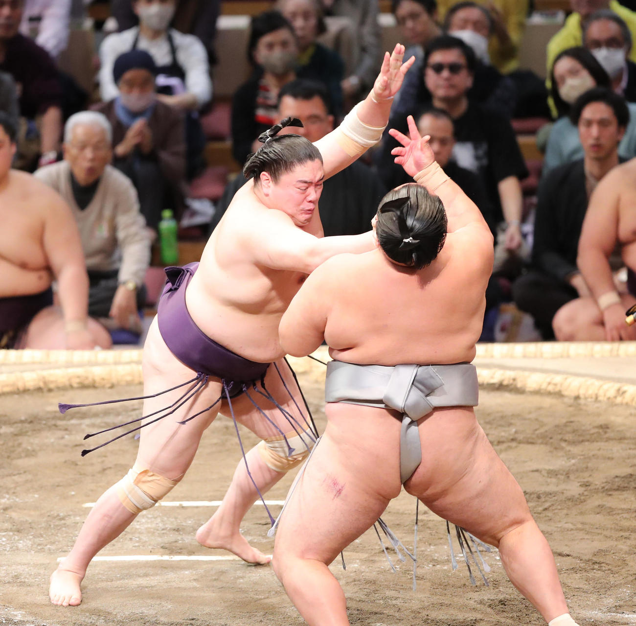 玉鷲を突き出しで破った一山本（左）（撮影・梅根麻紀）