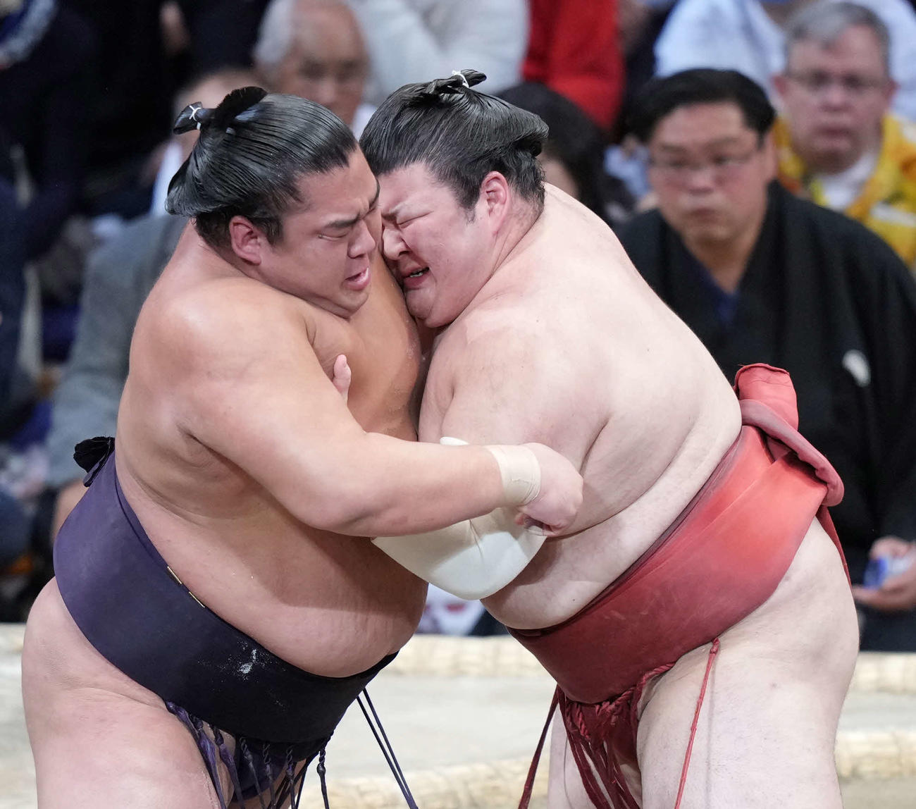 湘南乃海（左）を土俵際へ攻め込む熱海富士（撮影・小沢裕）