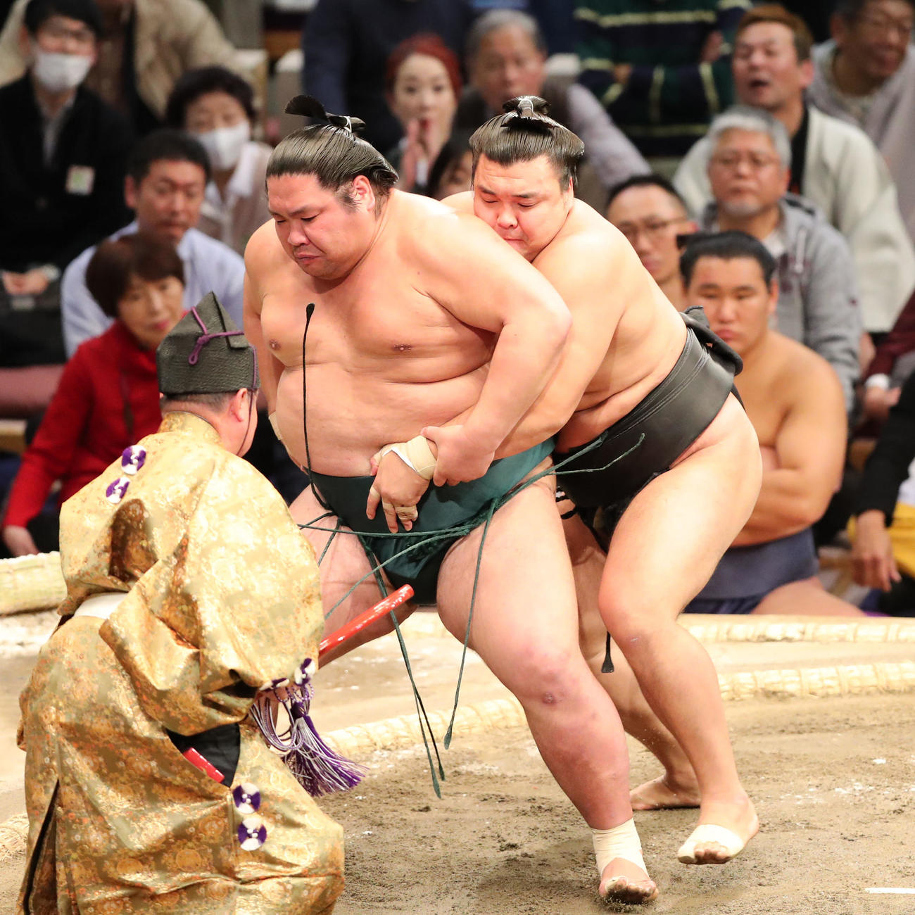 大相撲九州場所10日目　送り出しで錦木を破る霧島（撮影・梅根麻紀）