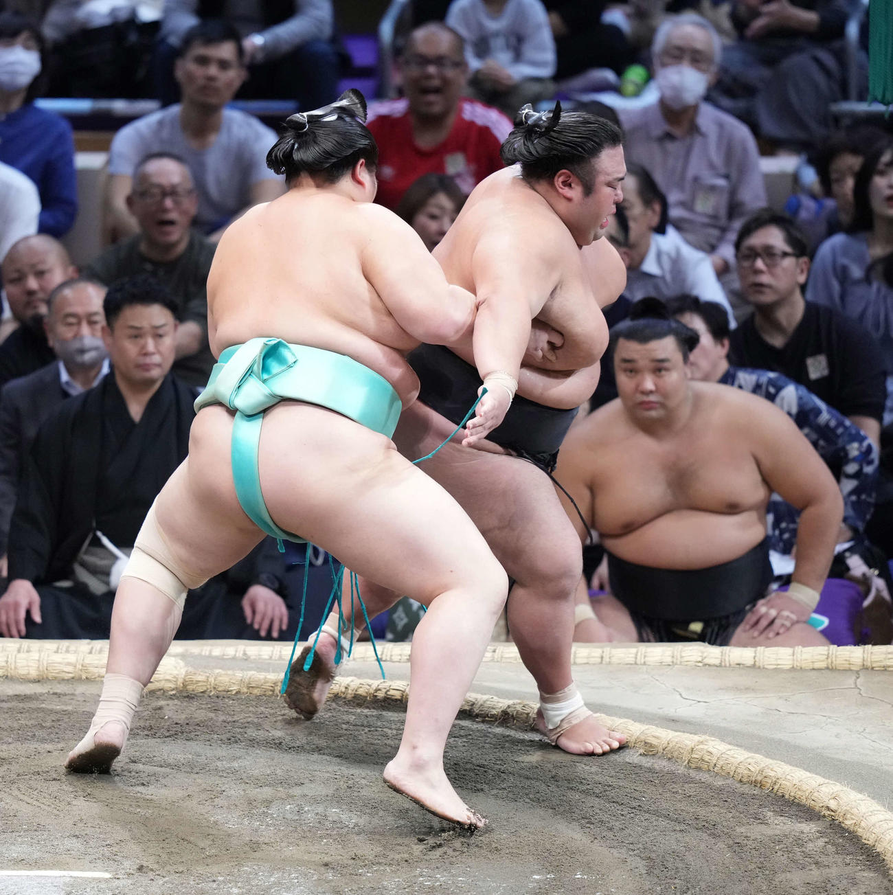 琴ノ若（左）は貴景勝を送り出しで破る（撮影・小沢裕）