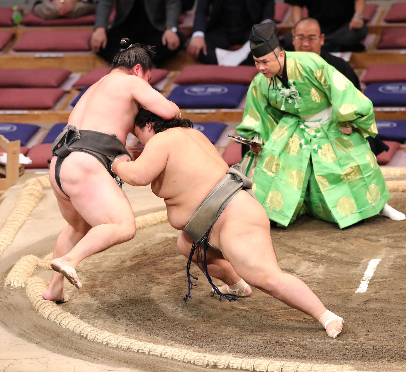 大相撲九州場所13日目　押し出しで北はり磨を破る聖富士（撮影・梅根麻紀）