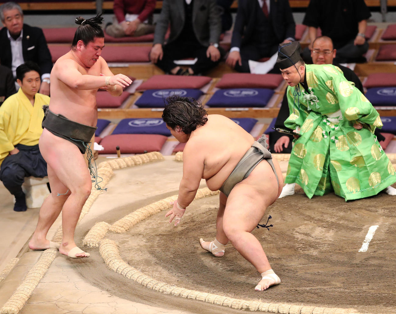 大相撲九州場所13日目　押し出しで北はり磨を破る聖富士（撮影・梅根麻紀）