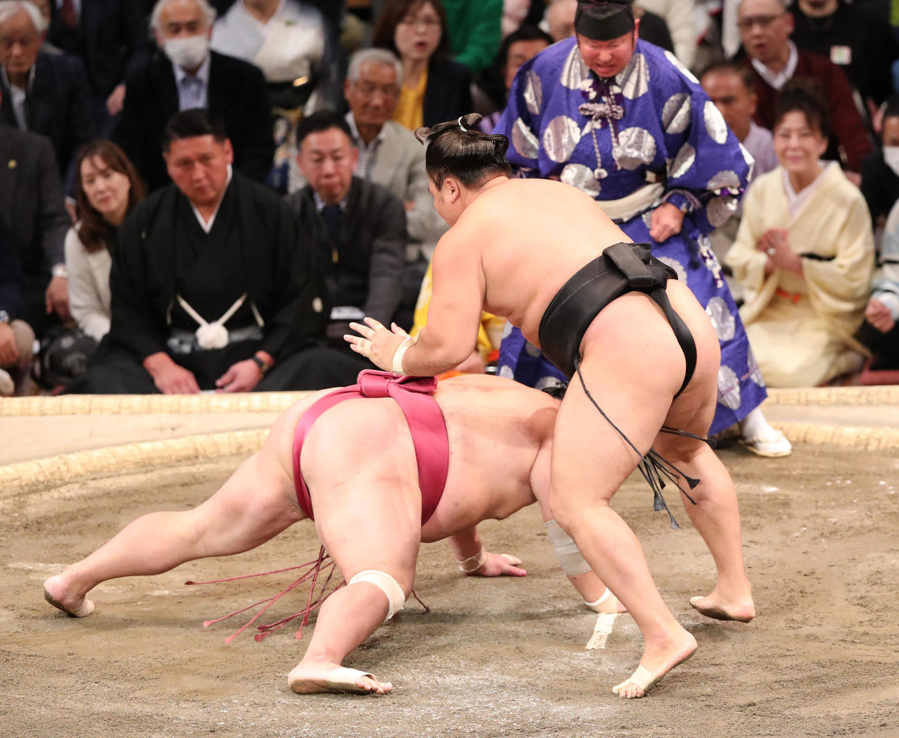 大相撲九州場所13日目　はたき込みで大栄翔を破る霧島（右）（撮影・梅根麻紀）