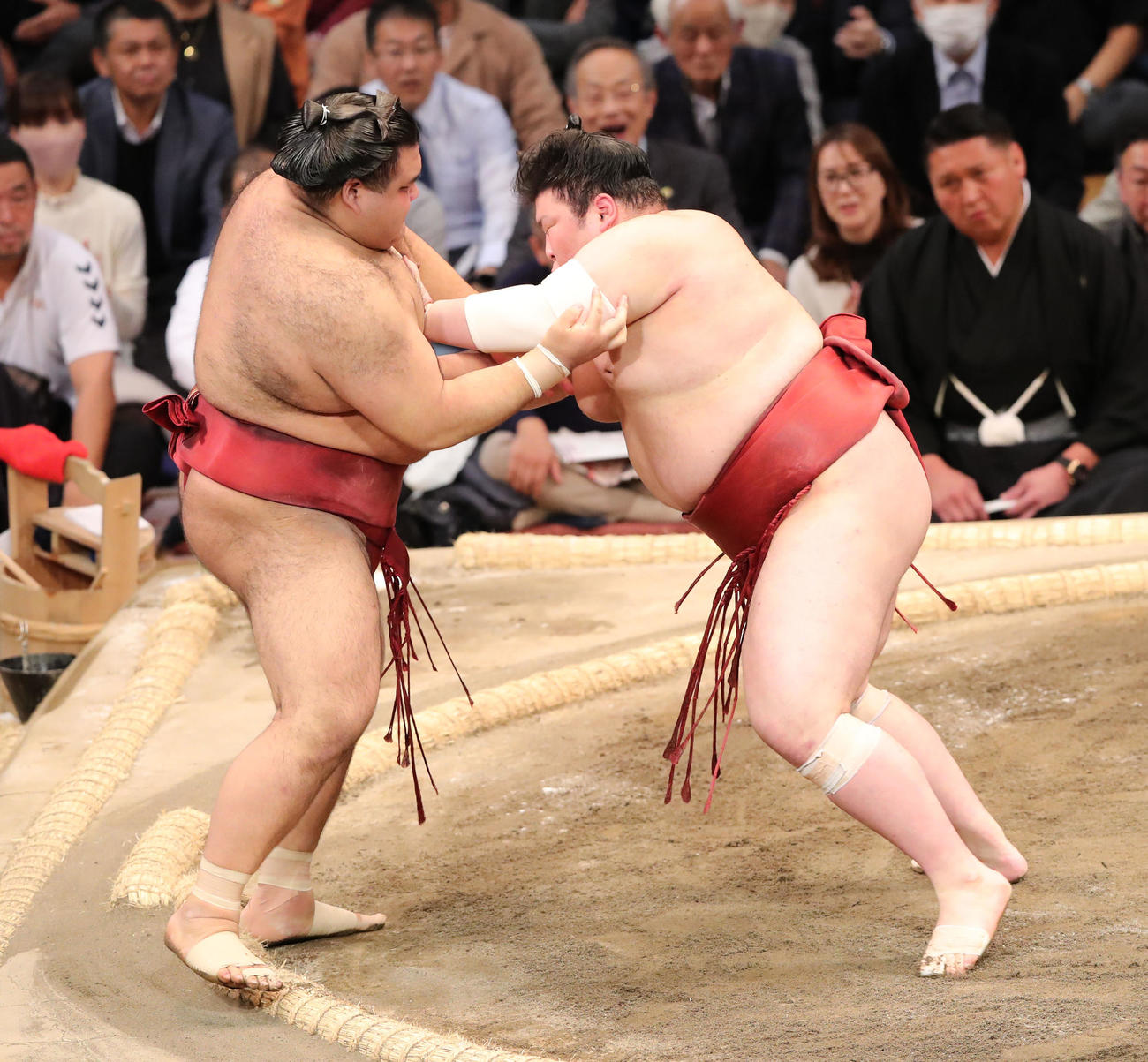 大相撲九州場所13日目　押し出しで高安を破る熱海富士（右）（撮影・梅根麻紀）