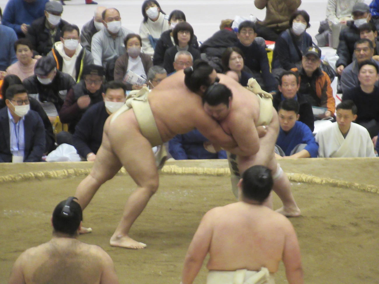 大関霧島（左）に胸を借りる熱海富士（撮影・実藤健一）