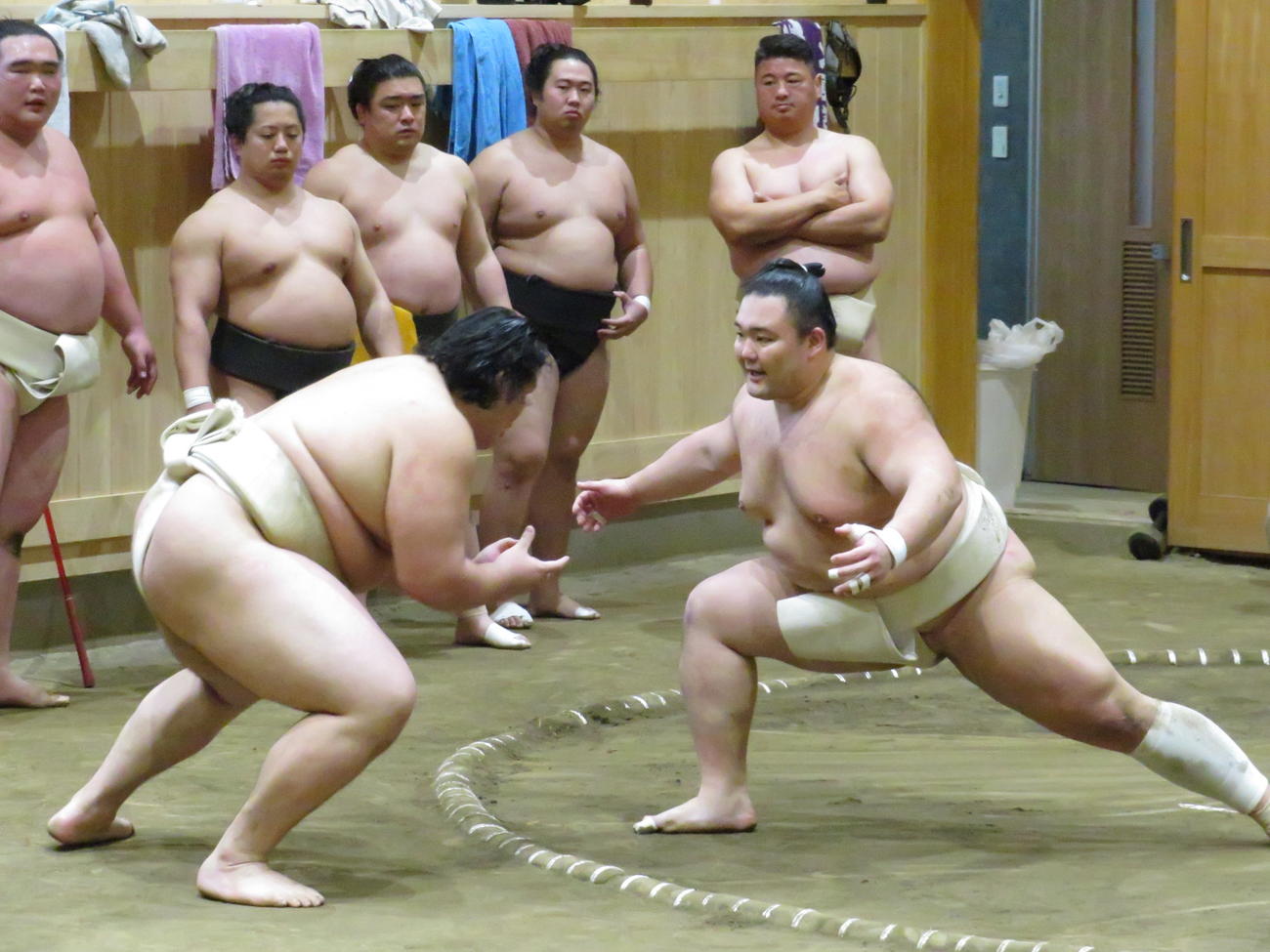 出稽古に来た朝乃山（手前右）は、ぶつかり稽古で大の里（同左）に胸を出した