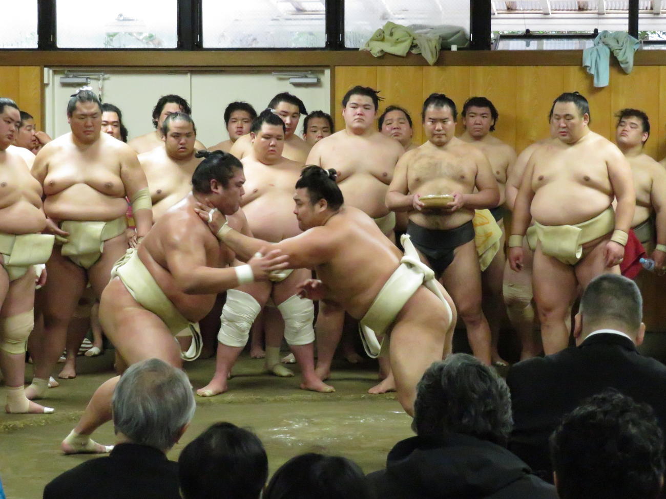 二所ノ関一門の連合稽古に一門外から参加し、湘南乃海（手前左）を攻め立てる霧島（同右）