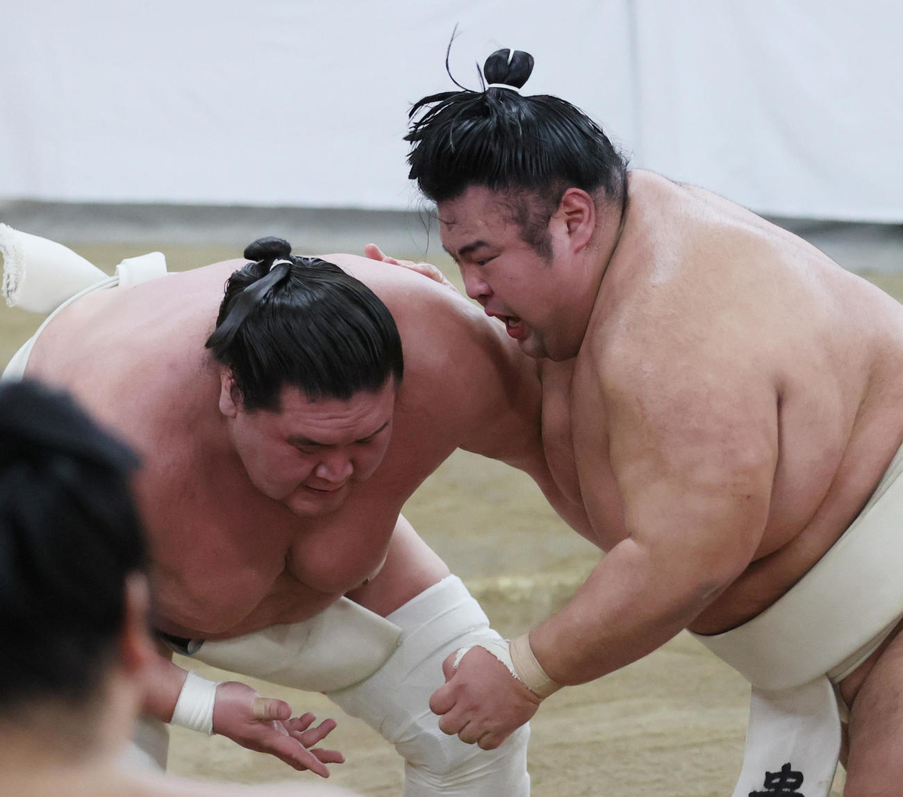 横綱審議委員会の稽古総見で汗を流す照ノ富士（左）と貴景勝