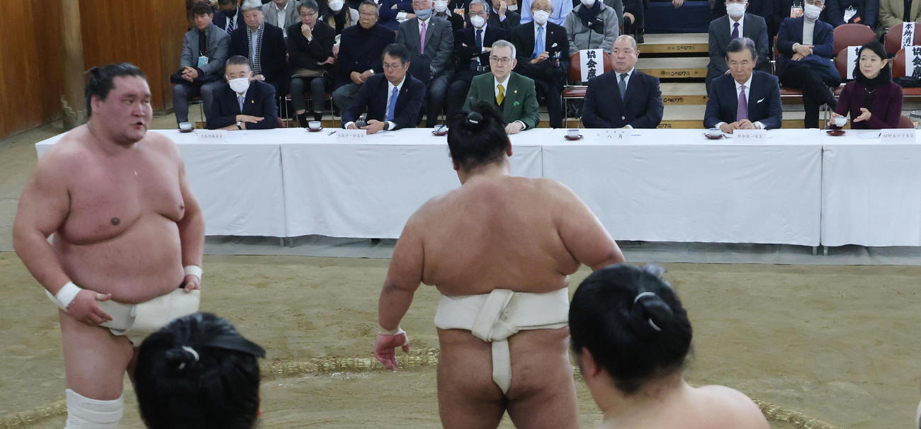 横綱審議委員会の稽古総見　横綱審議委員会の稽古総見で、照ノ富士（手前左）の取り組みを見つめる（左から）大島理森委員、大島宇一郎委員、山内昌之委員長、八角日本相撲協会理事長、都倉俊一委員、紺野美沙子委員（代表撮影）