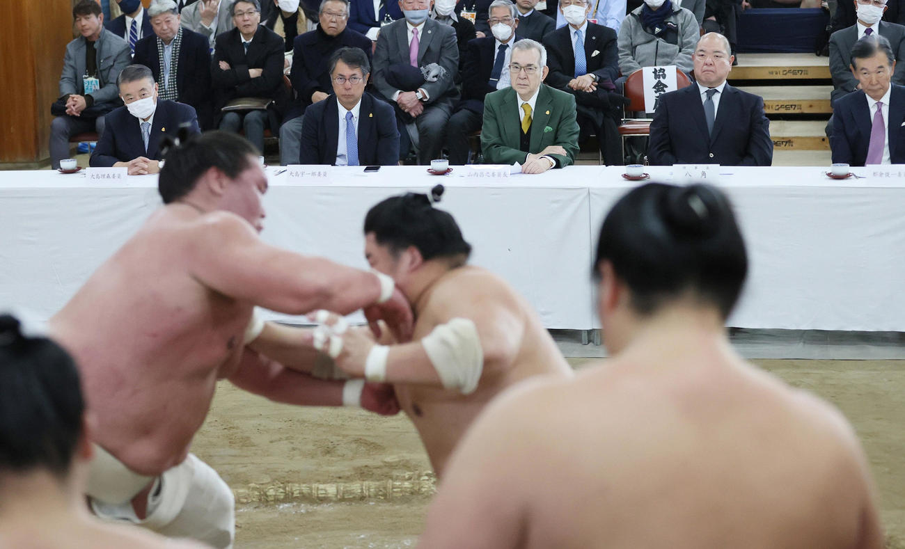 横綱審議委員会の稽古総見　横綱審議委員会の稽古総見で、照ノ富士（手前左）の取り組みを見つめる（左から）大島理森委員、大島宇一郎委員、山内昌之委員長、日本相撲協会の八角理事長、都倉俊一委員（代表撮影）
