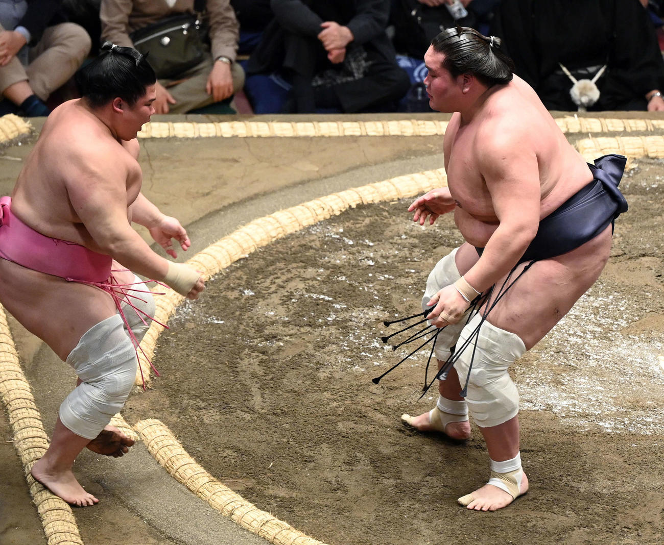 宇良（左）を押し出しで破った照ノ富士（撮影・たえ見朱実）