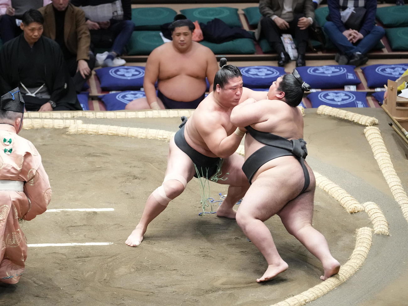 大相撲初場所初日　若隆景（左）は嘉陽を押し倒しで破る（撮影・小沢裕）
