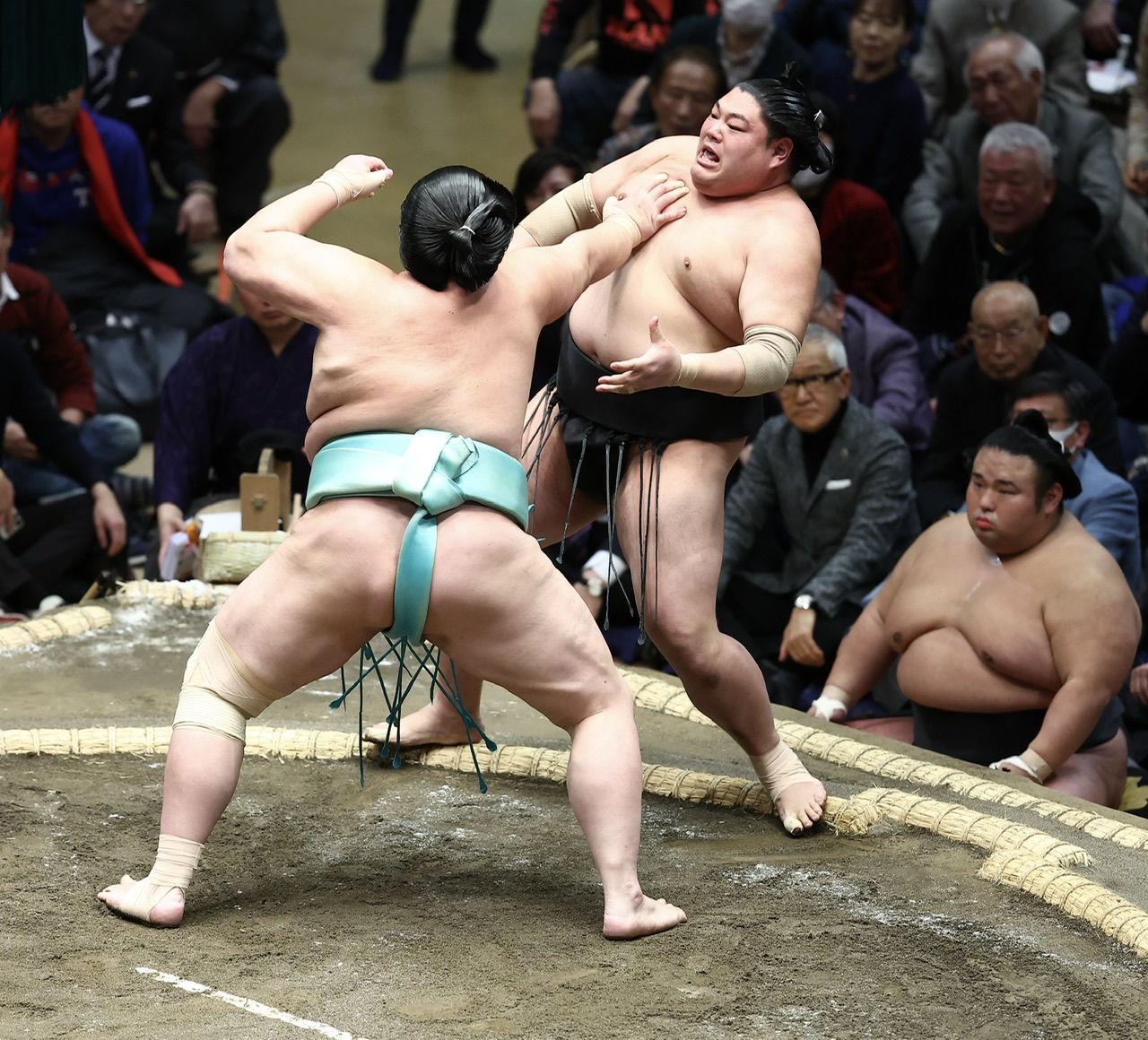 琴ノ若（左）に押し出しで敗れる阿炎（撮影・河田真司）