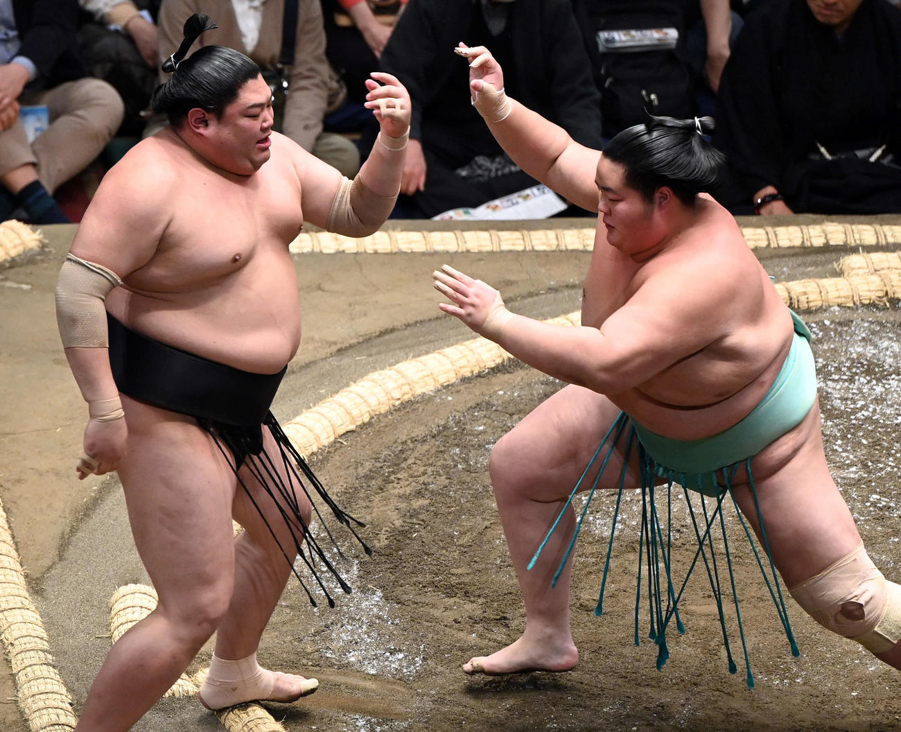 押し出しで阿炎を破った琴ノ若（右）（撮影・たえ見朱実）