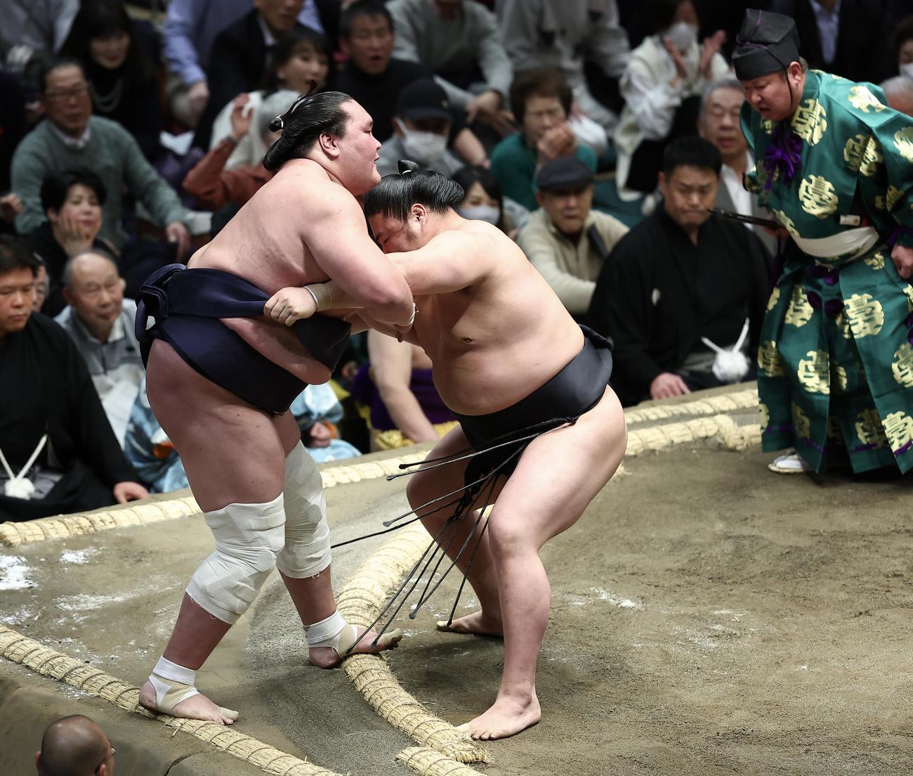 照ノ富士（左）を寄り切りで破る若元春（撮影・河田真司）