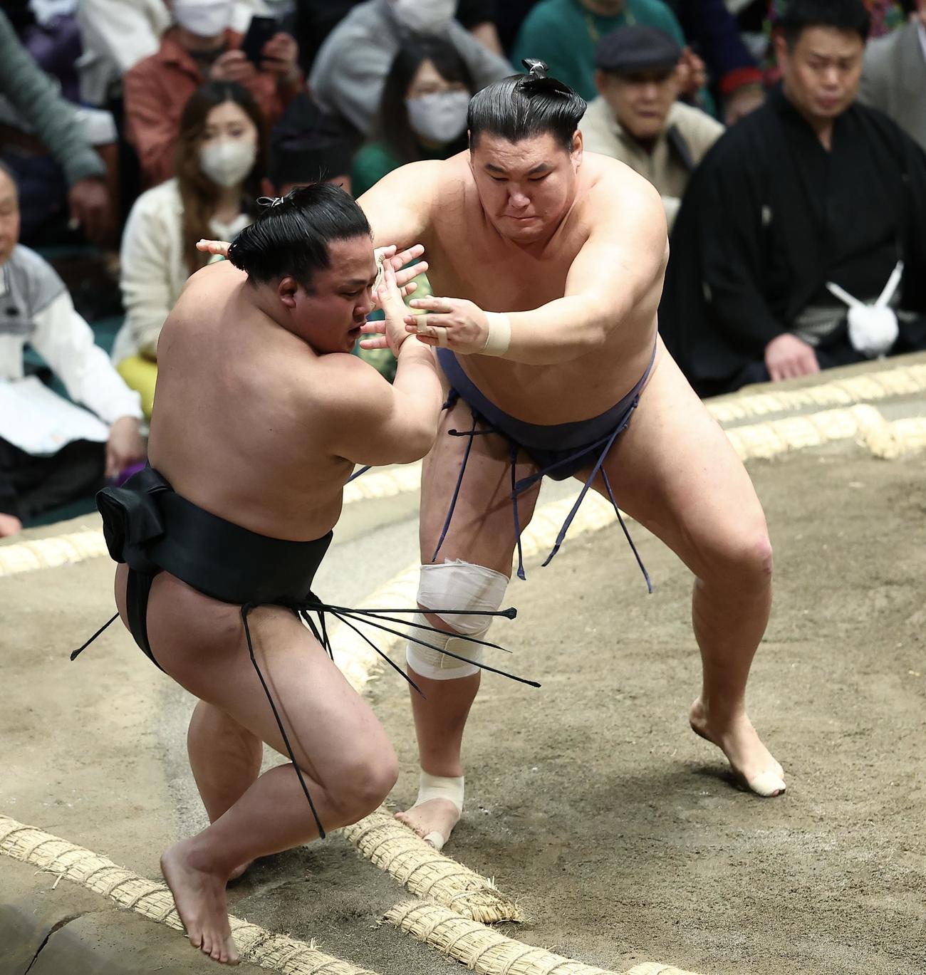翠富士（左）を押し出しで破る豊昇龍（撮影・河田真司）