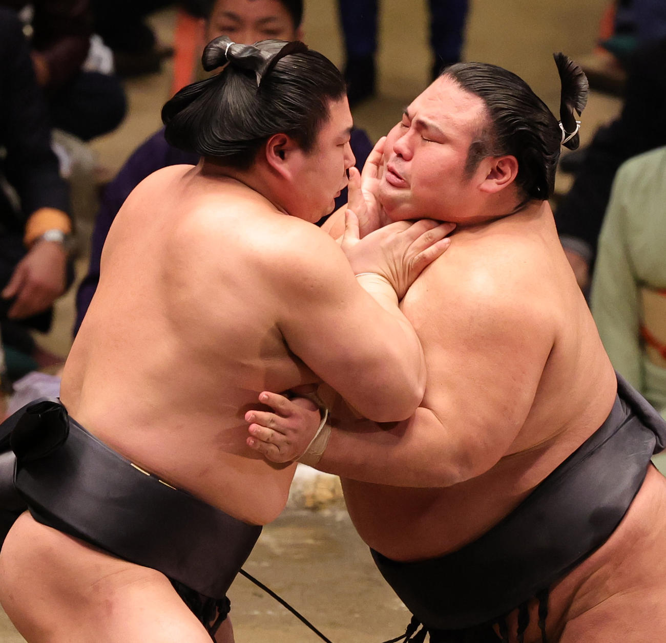 貴景勝（右）とぶつかり合う若元春（撮影・野上伸悟）