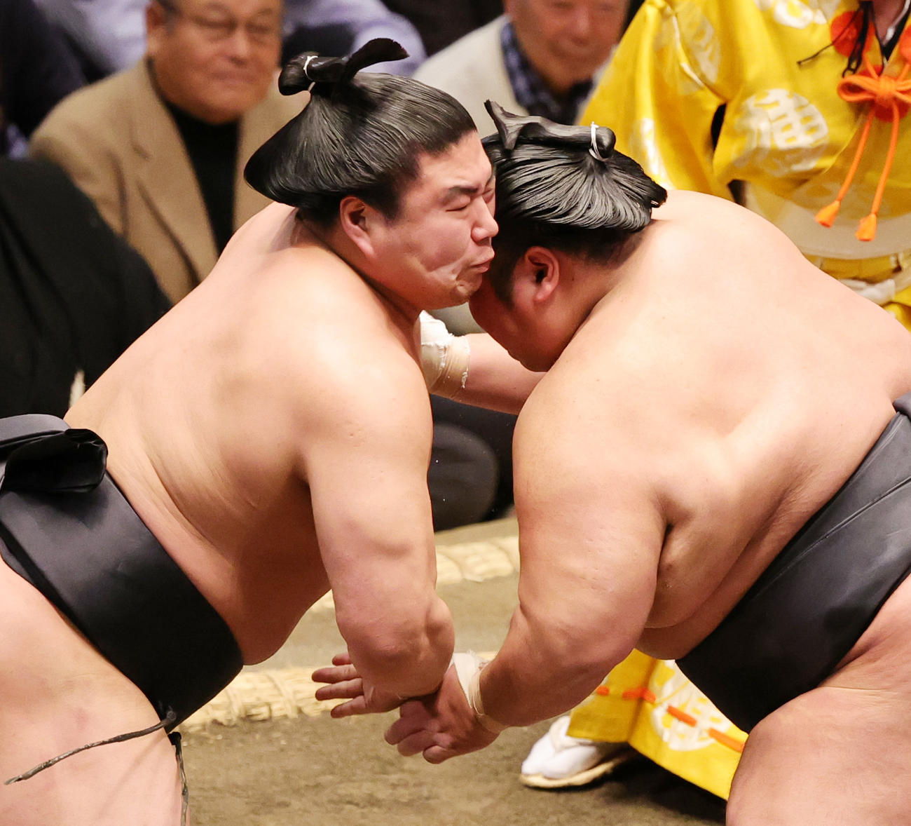 貴景勝（右）とぶつかり合う若元春（撮影・野上伸悟）