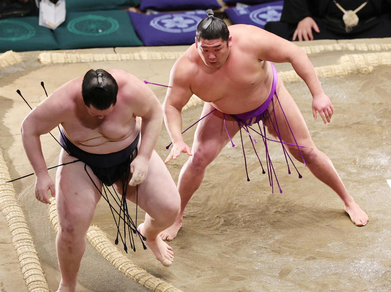 獅司（左）を押し出しで破る尊富士（撮影・野上伸悟）