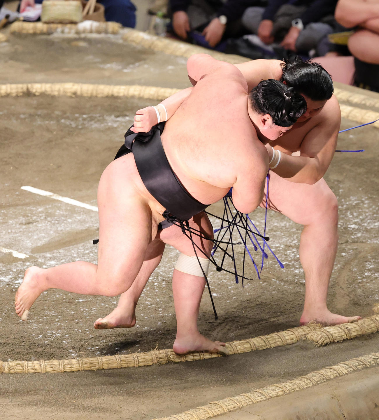 明生（手前）を寄り切りで破る大の里（撮影・野上伸悟）