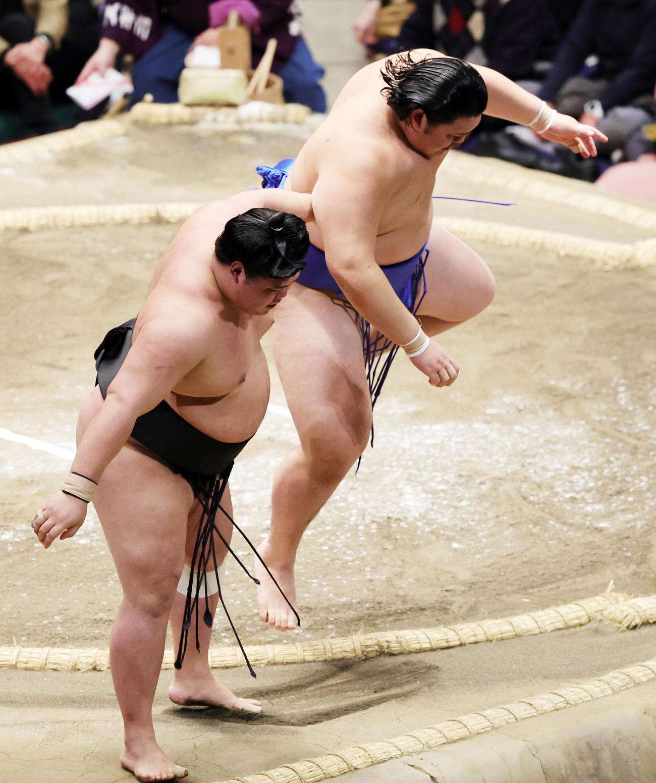 明生（手前）を寄り切りで破る大の里（撮影・野上伸悟）