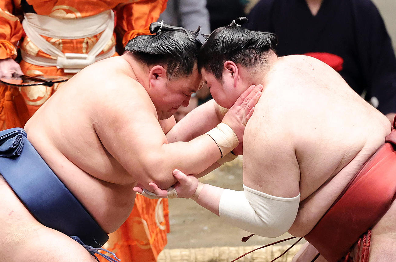 熱海富士（右）と押しあう玉鷲（撮影・野上伸悟）