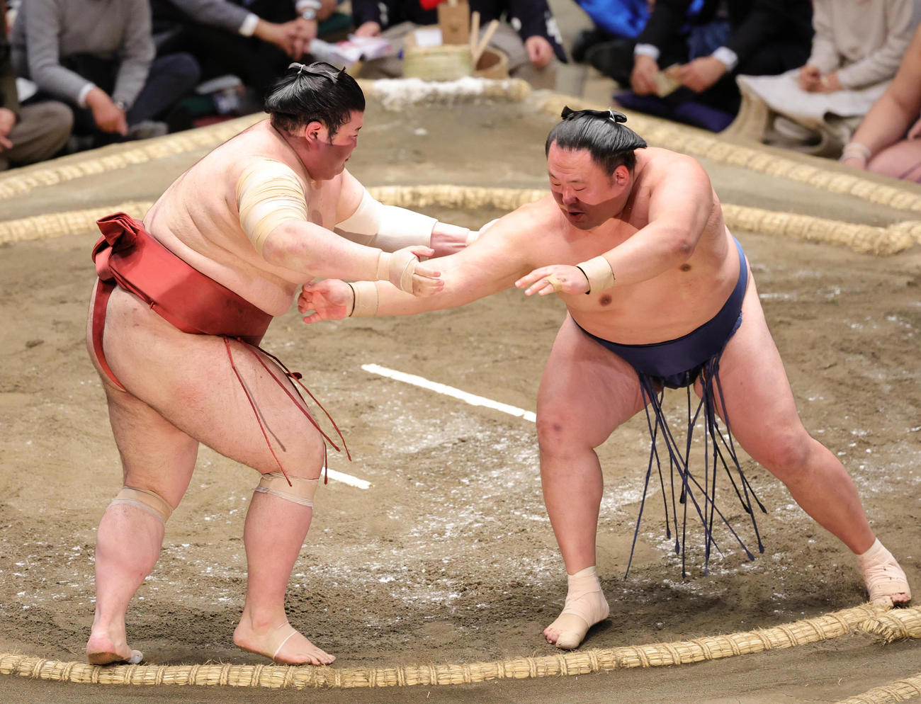 玉鷲（右）に押し込まれるも粘る熱海富士（撮影・野上伸悟）