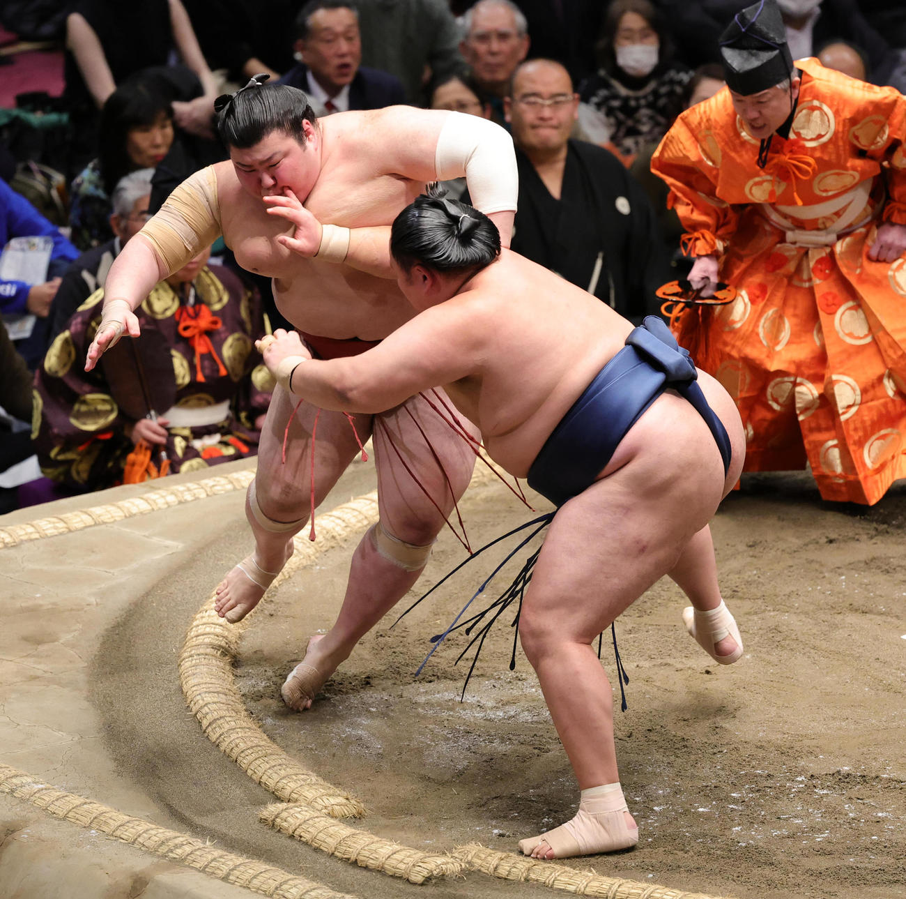 玉鷲（右）に押し込まれるも粘る熱海富士（撮影・野上伸悟）