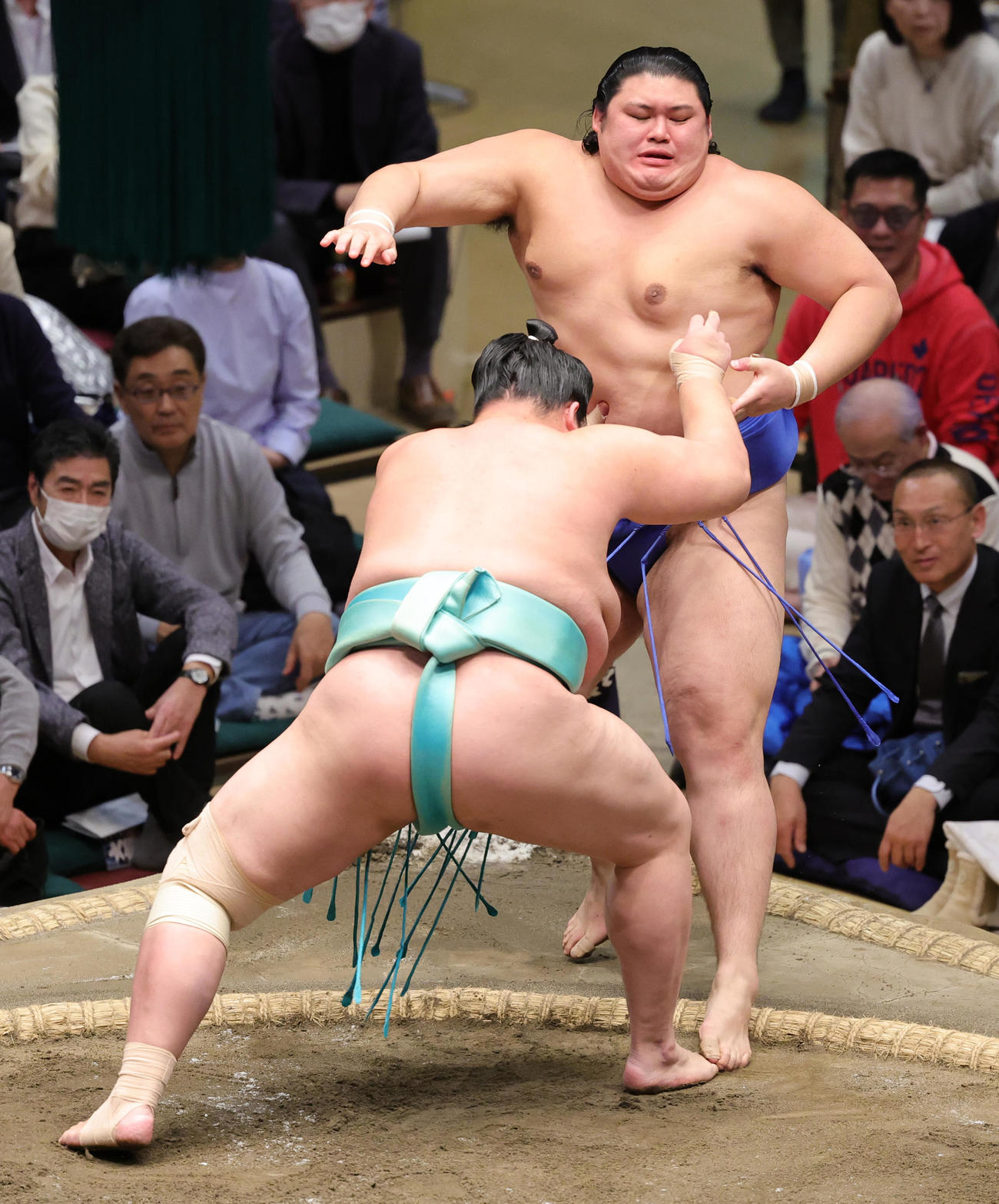 琴ノ若（手前）に寄り切りで敗れる大の里（撮影・野上伸悟）
