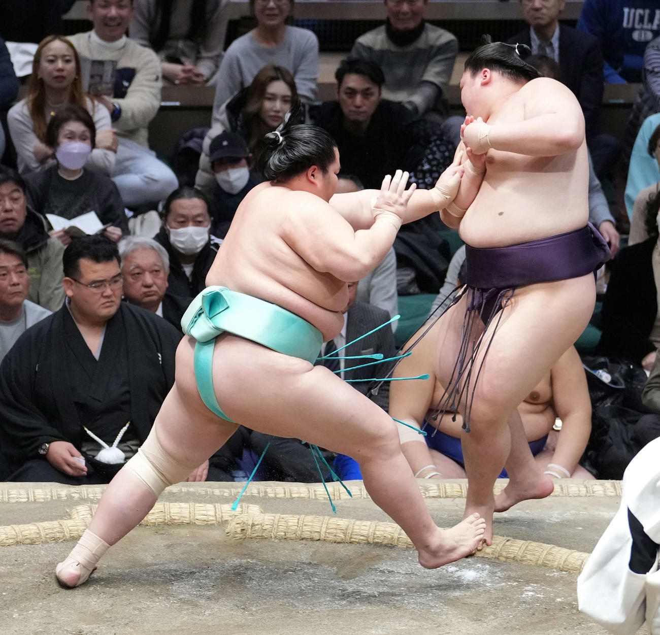 王鵬（右）を押し出しで破る琴ノ若（撮影・小沢裕）