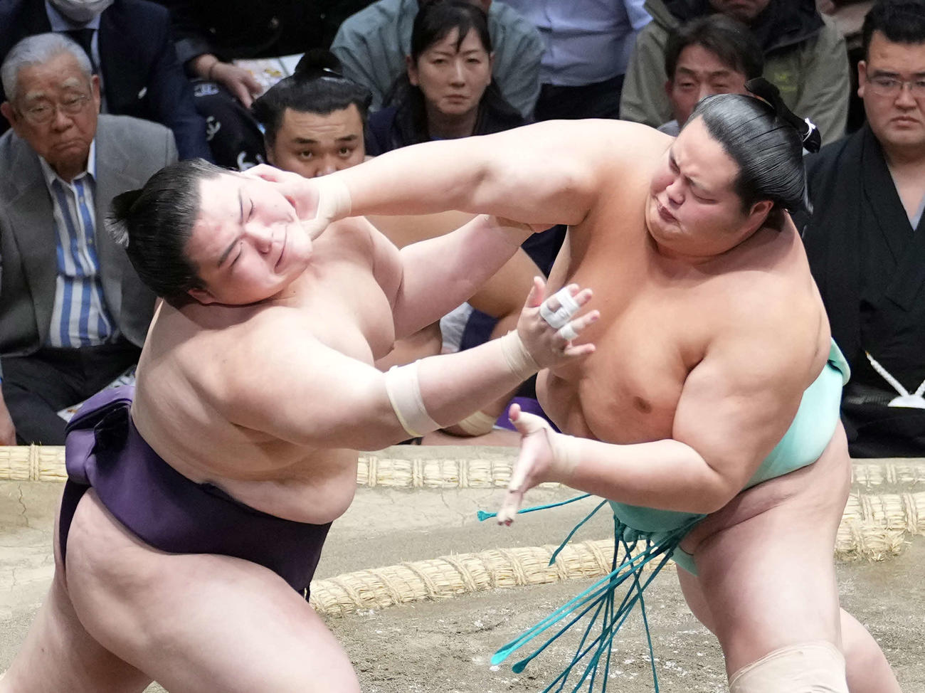 王鵬（左）を土俵際へ攻め込む琴ノ若（撮影・小沢裕）