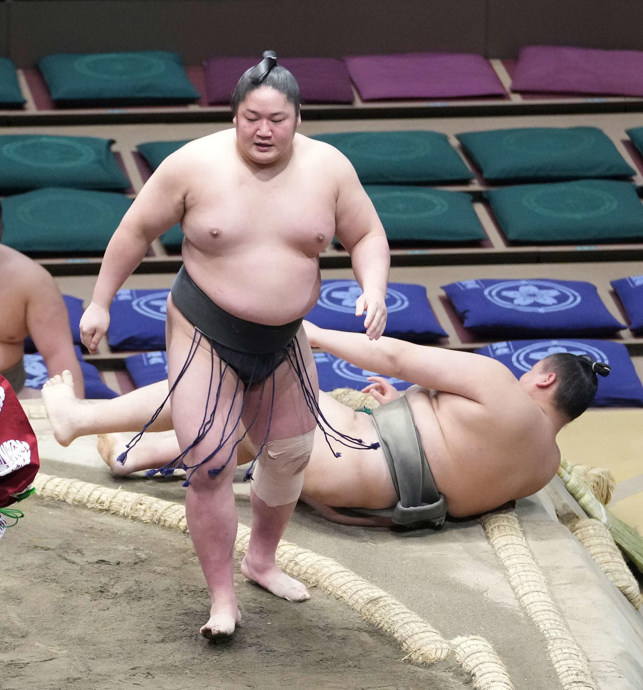 隆勝生（奥）を寄り倒しで破り三段目優勝を決めた藤青雲（撮影・小沢裕）