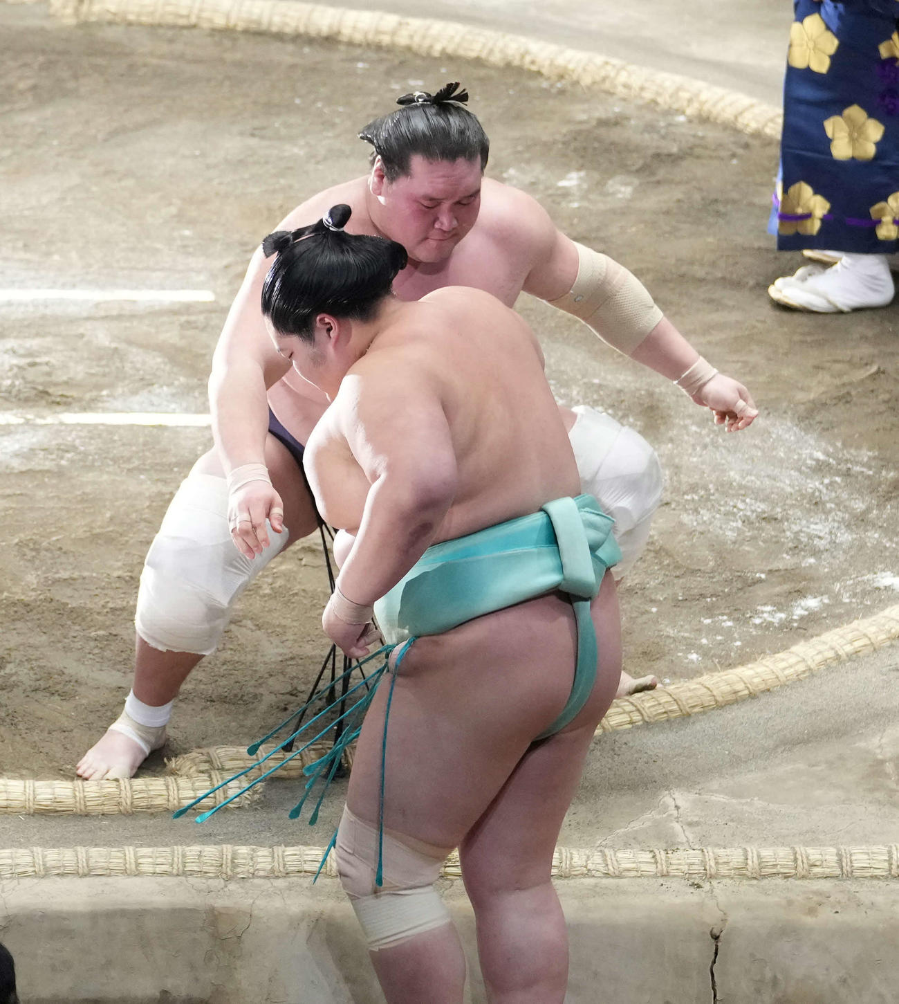 照ノ富士は琴ノ若（手前）を寄り切りで破る（撮影・小沢裕）