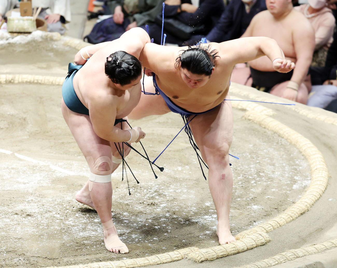 佐田の海（左）の攻めを耐える大の里（撮影・鈴木正人）