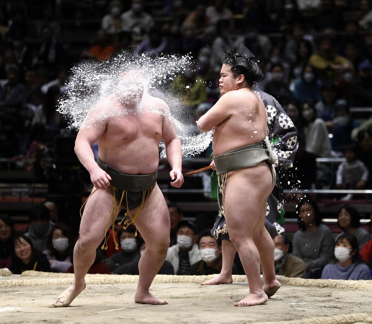 初っ切りで和歌桜（左）に塩をかける栃満（撮影・河田真司）