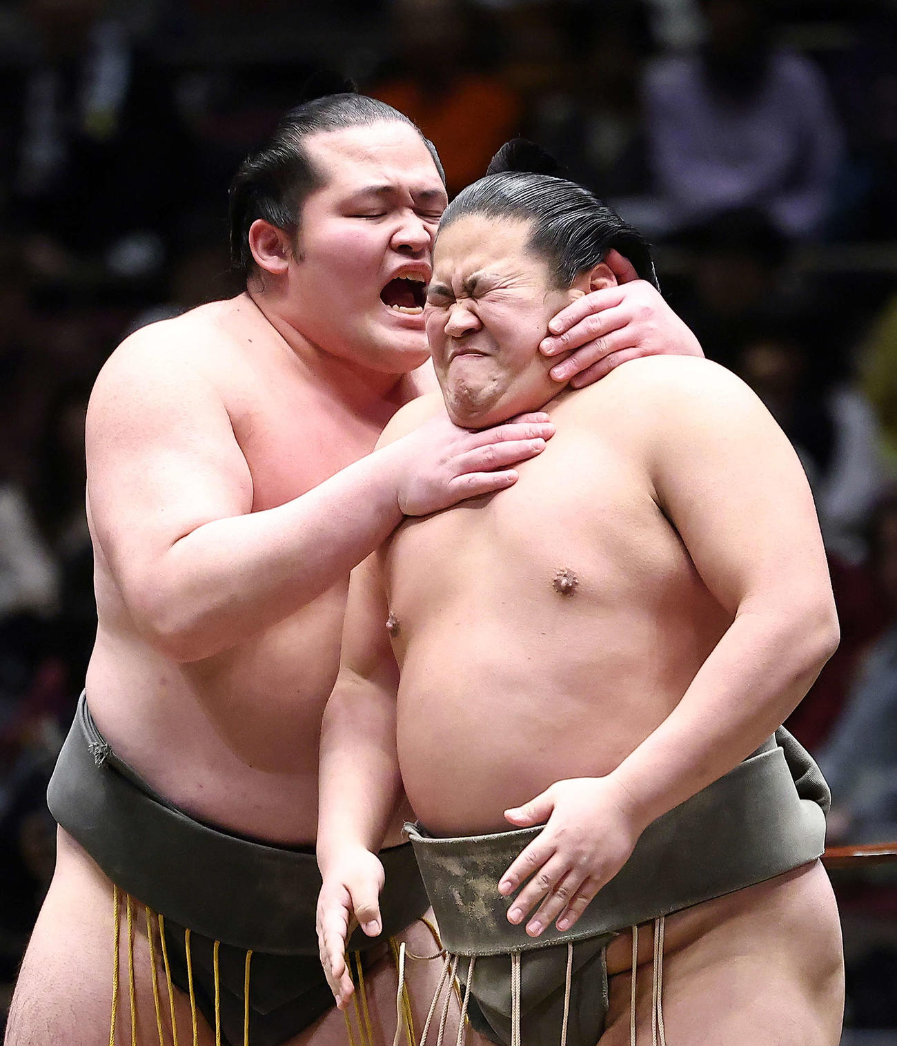 初っ切りを披露する和歌桜（左）と栃満（撮影・河田真司）
