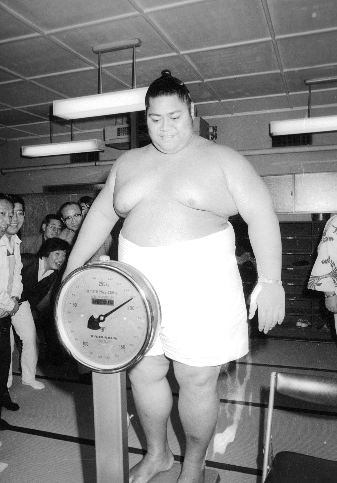 84年4月、東京場所前恒例の体格測定で史上最高の210キロを記録した東十両2枚目の小錦