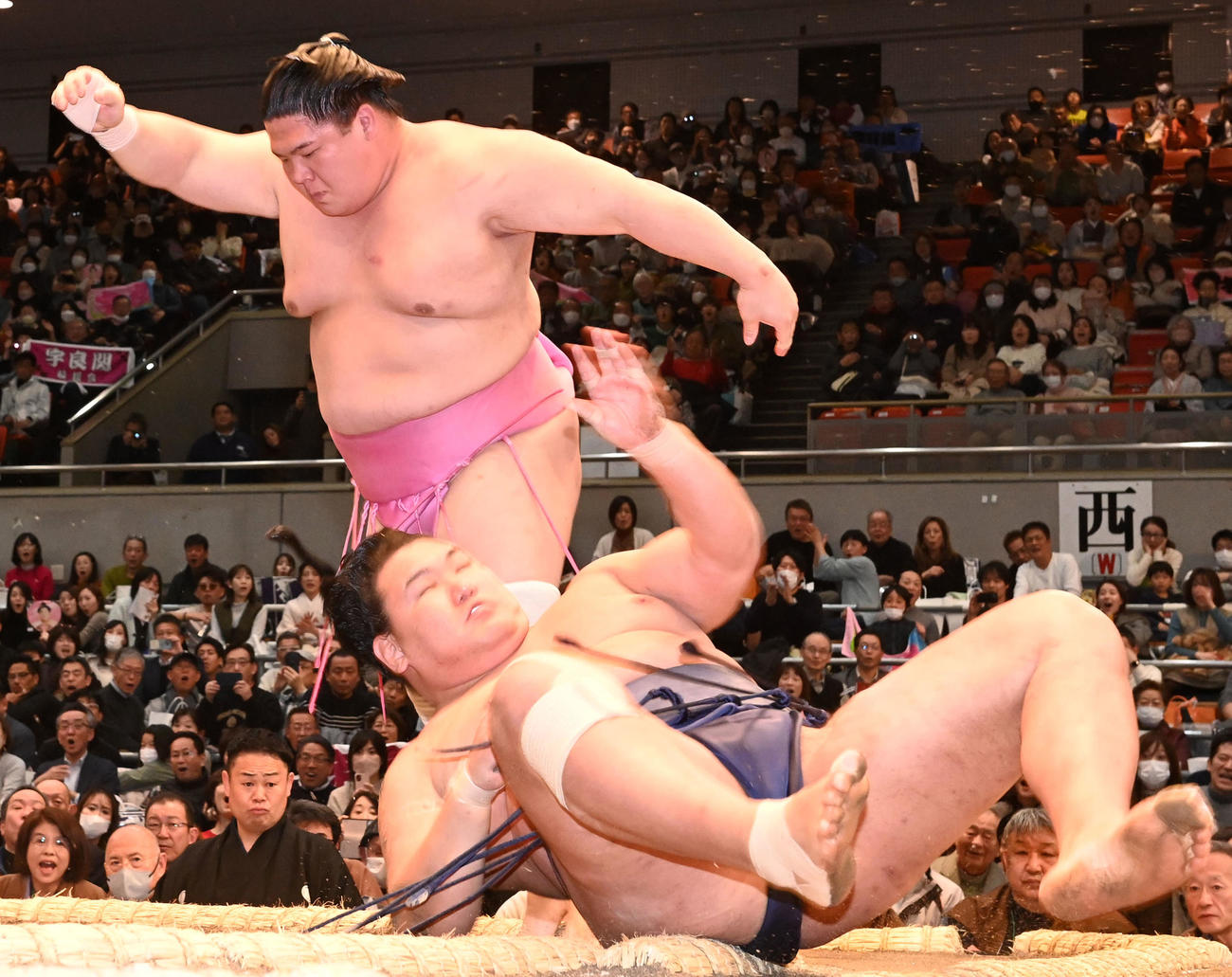宇良（右）は豊昇龍を肩すかしで破る（撮影・前岡正明）