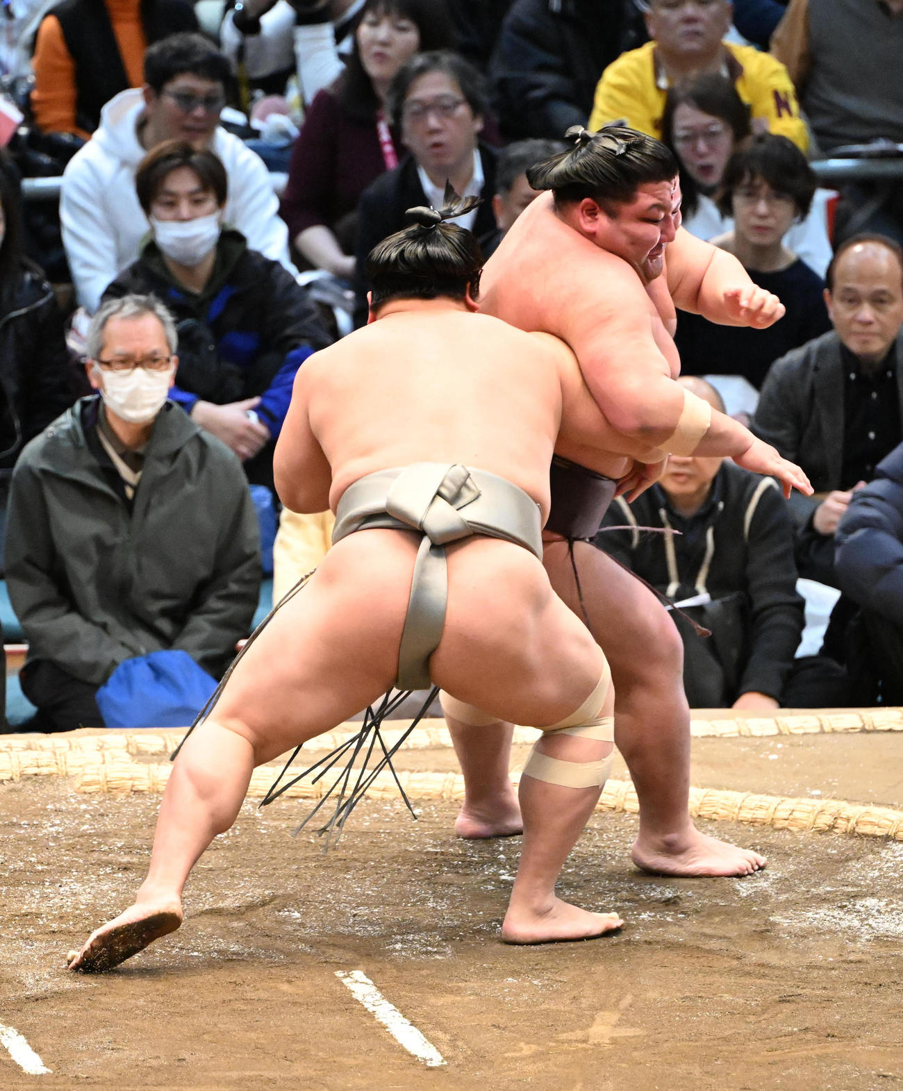 紫雷（右）を送り出しで破る若隆景（撮影・和賀正仁）