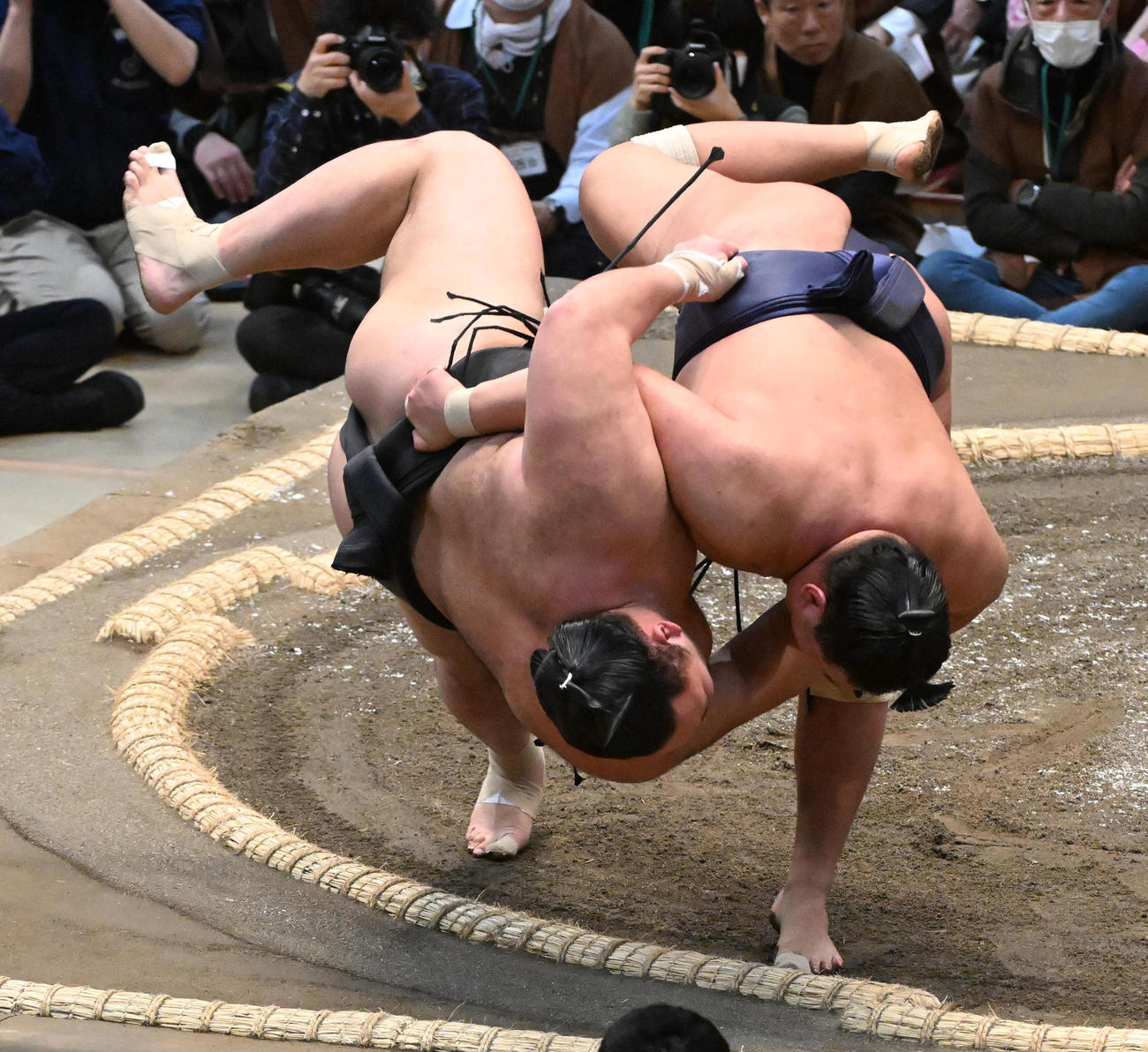 豊昇龍（右）は朝乃山を下手投げで破る（撮影・前岡正明）