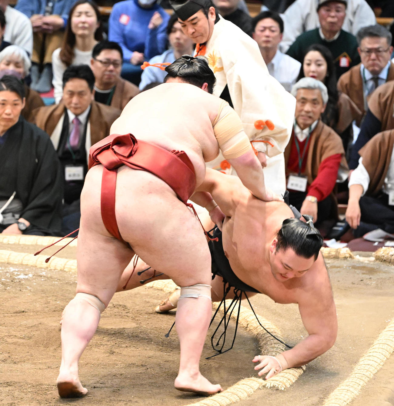 熱海富士（手前）は上手投げで朝乃山を破る（撮影・和賀正仁）
