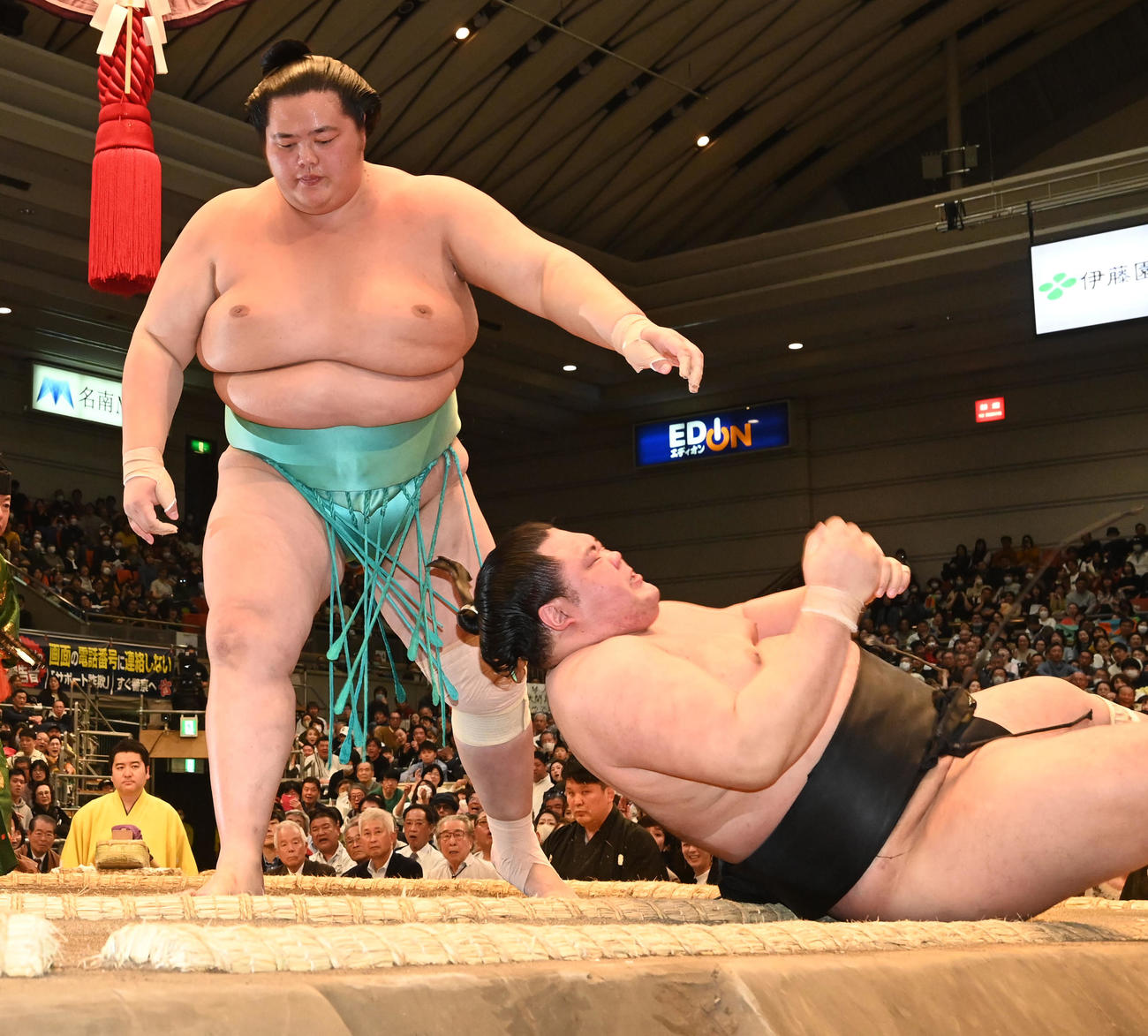 琴ノ若（左）は明生を小手投げで破る（撮影・前岡正明）