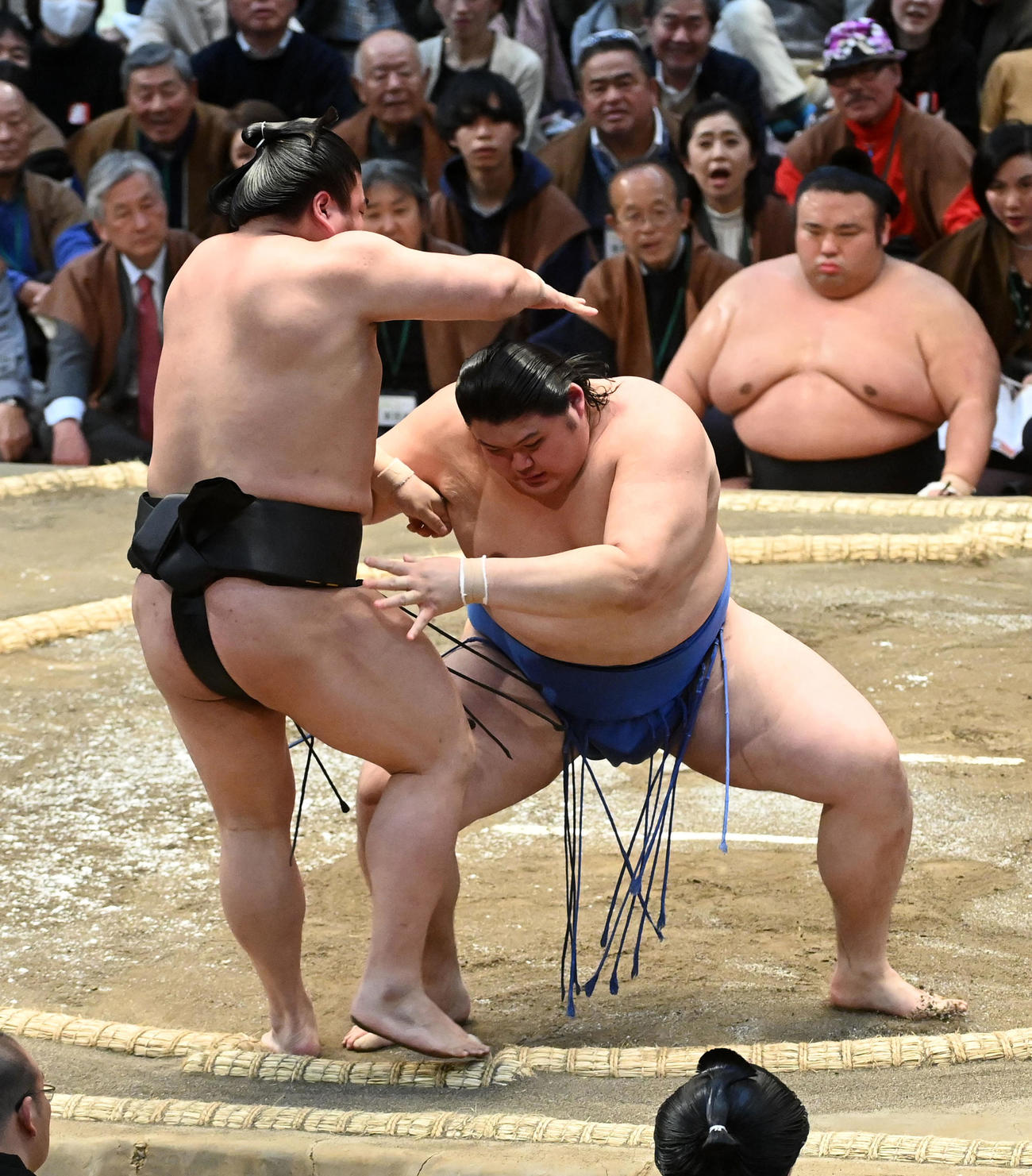 大の里（右）は若元春を寄り切りで破る（撮影・前岡正明）