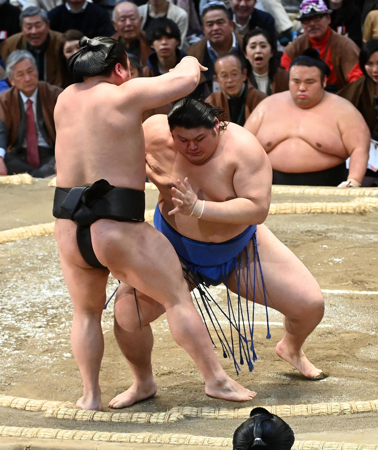 大の里（右）は若元春を寄り切りで破る（撮影・前岡正明）