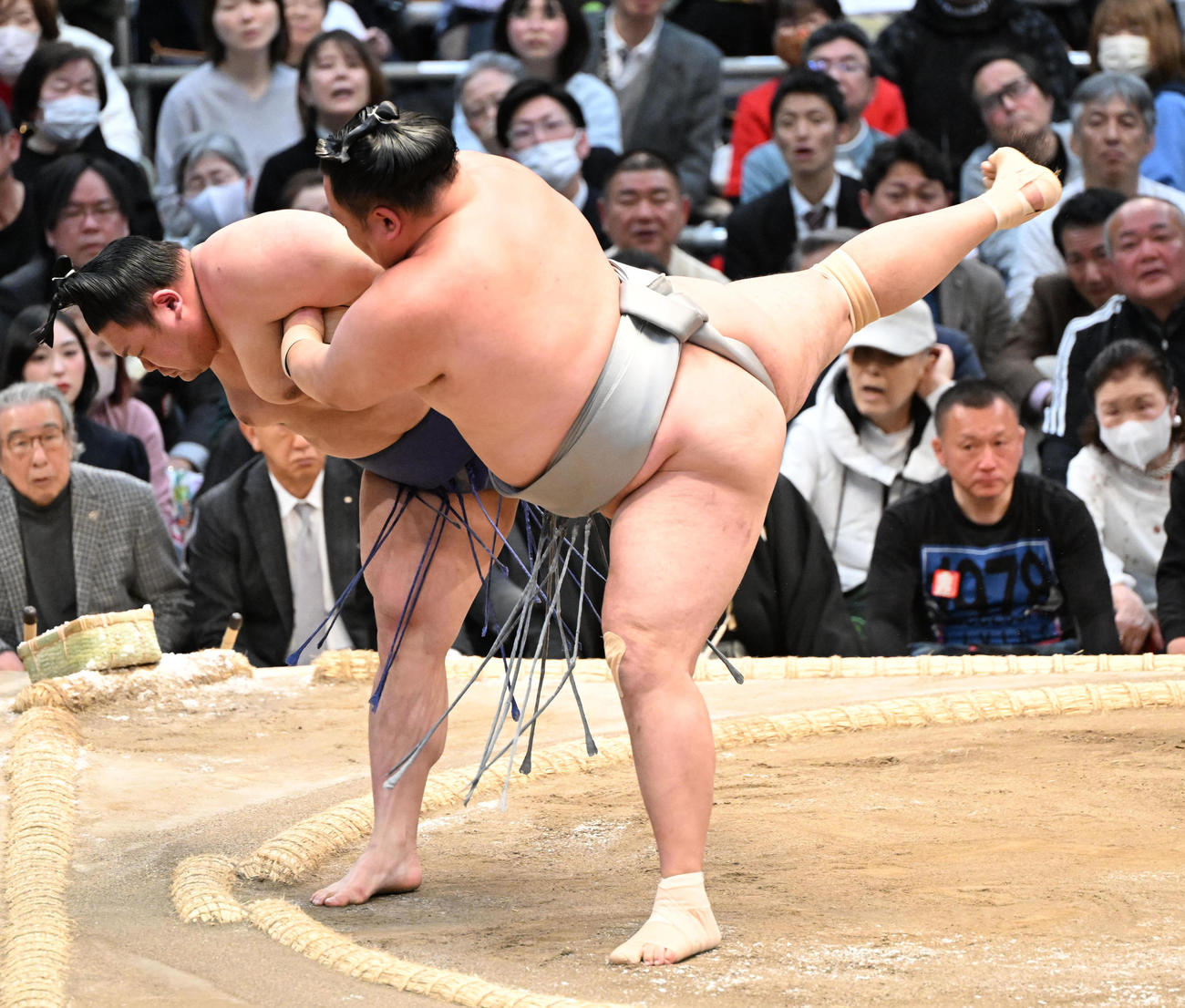 美ノ海（左）はきめ倒しで玉鷲に敗れる（撮影・和賀正仁）
