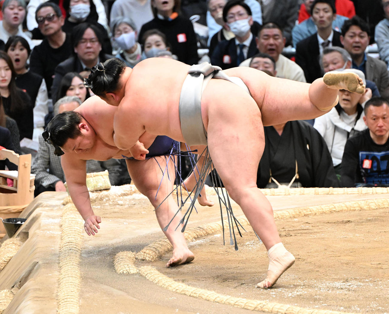 美ノ海（左）はきめ倒しで玉鷲に敗れる（撮影・和賀正仁）