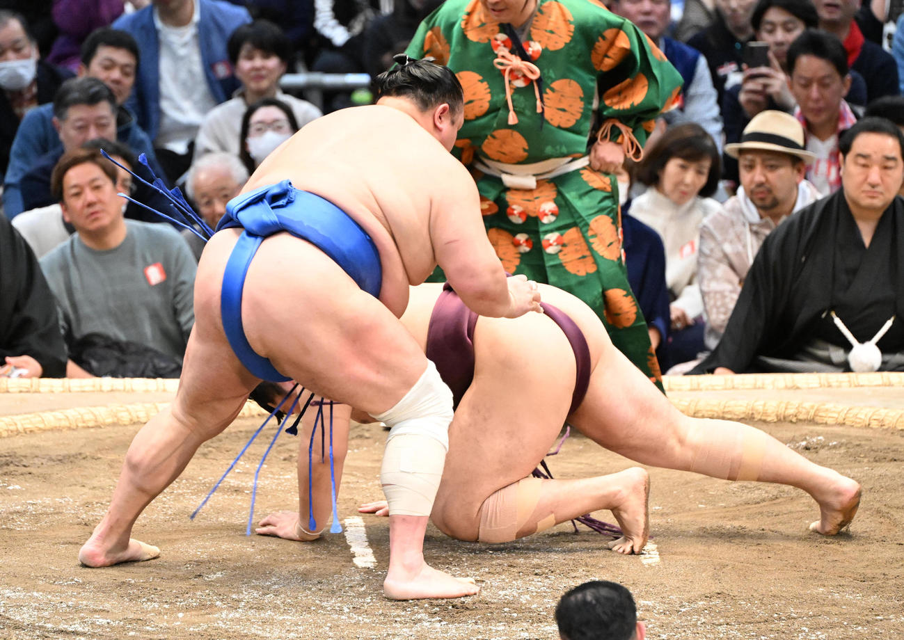 北勝富士（左）は突き落としで遠藤を破る（撮影・和賀正仁）