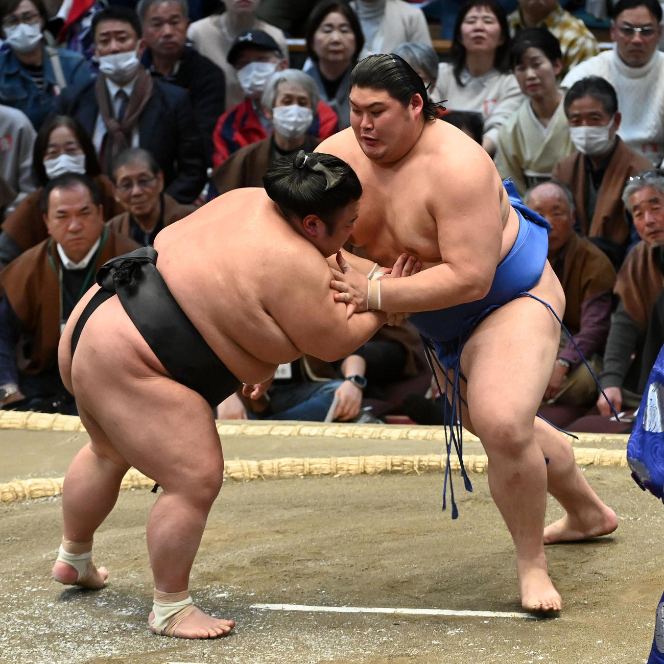 貴景勝（左）を攻める大の里（撮影・前岡正明）
